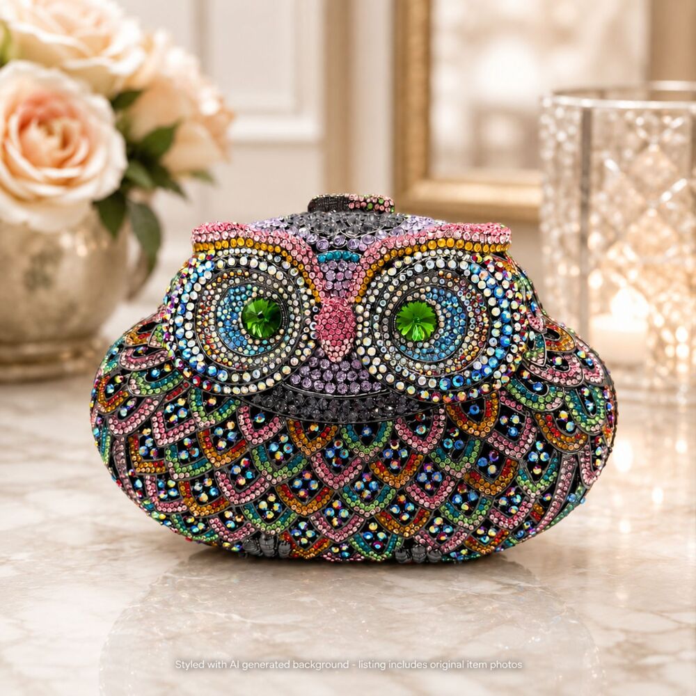 Rhinestone Owl Evening Bag Jeweled Crystal Figural Clutch Purse with Chain